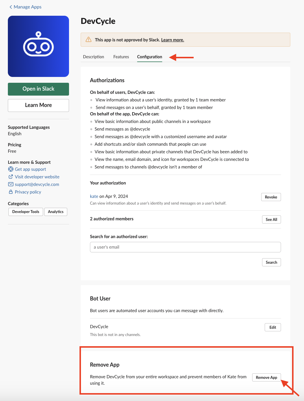 How to Remove DevCycle Slack App